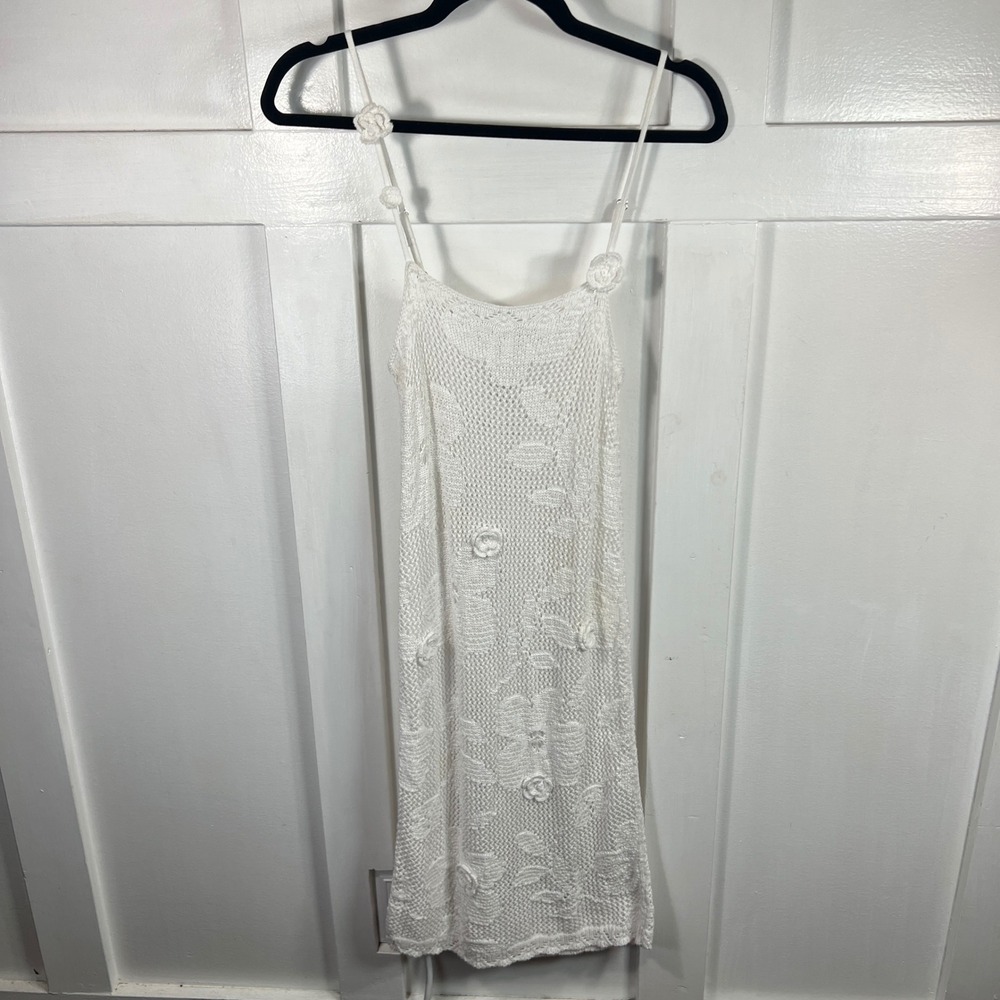 Coquette White Crochet Rosette Mini Dress Small Cotton Boho Floral